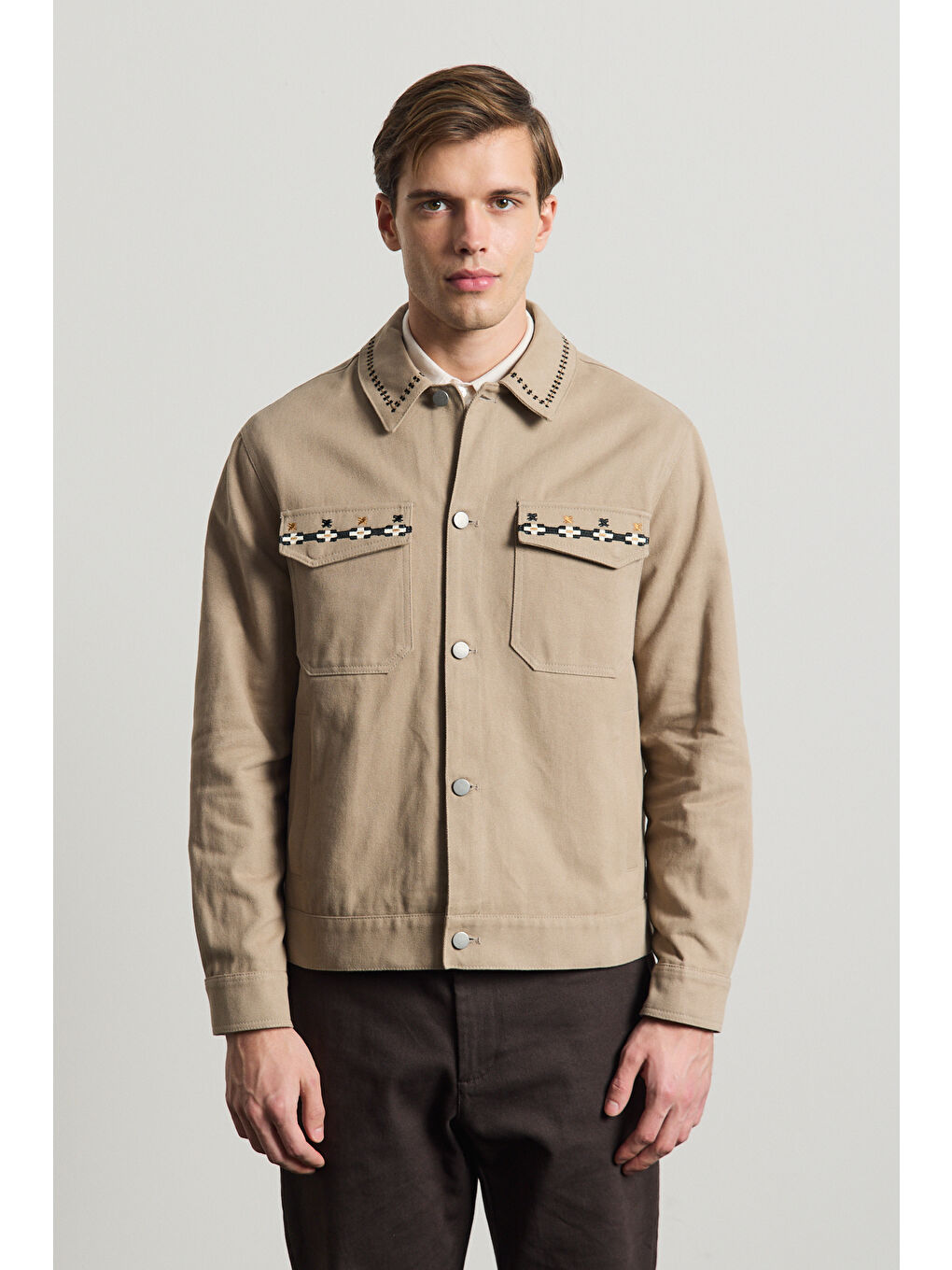 Bej Erkek Nakışlı Denim Ceket Vizon-4