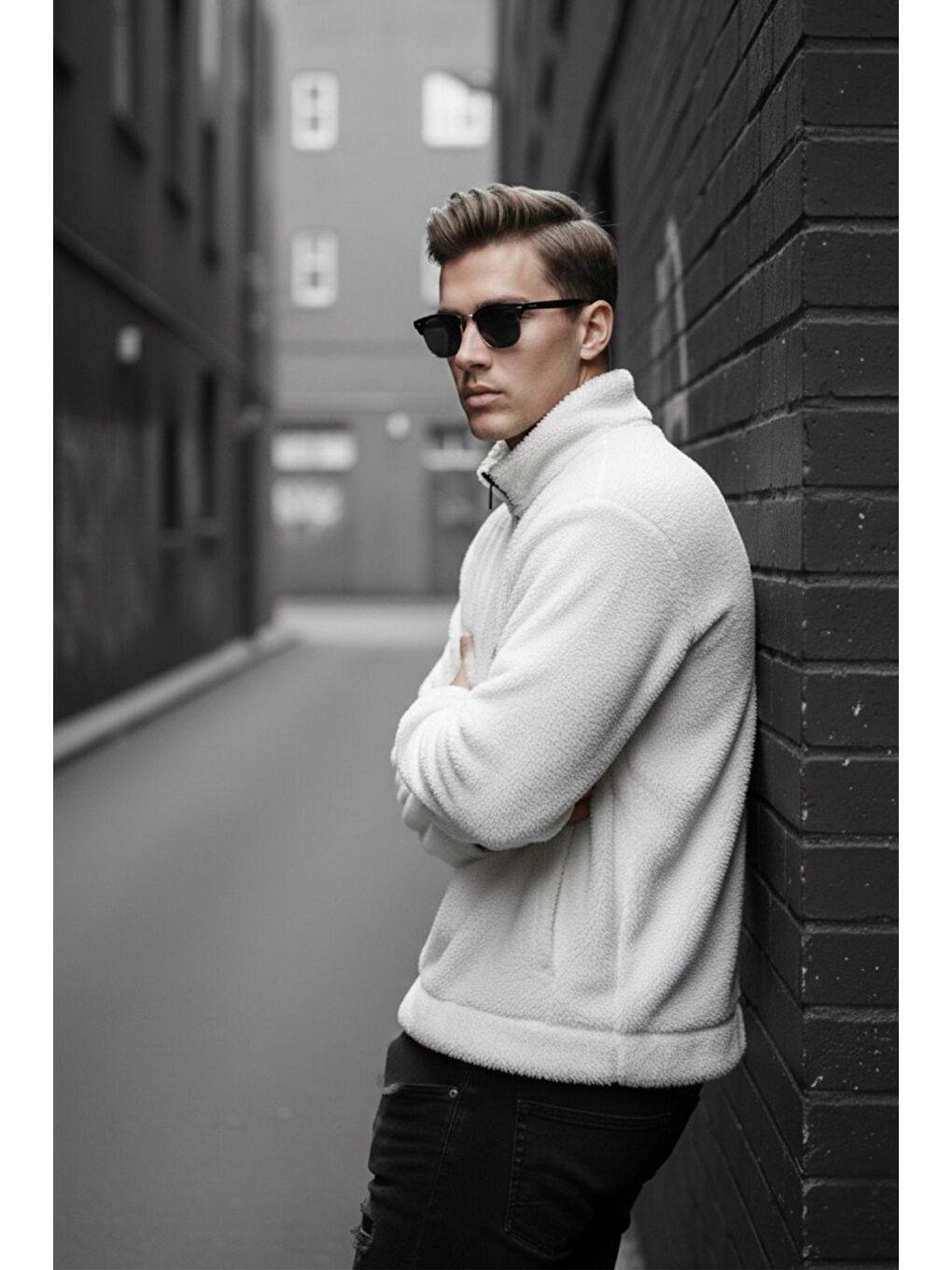 Beyaz Jaky Slim Fit Pelüş Yarım Tam Fermuarlı Dik Yaka Kalın Erkek Sweatshirt Polar-1