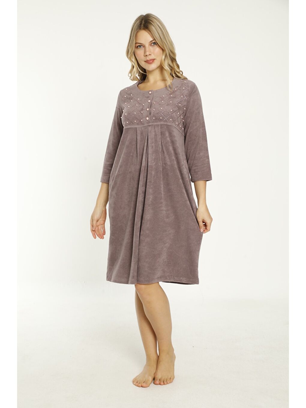 Pembe Lacivert Taş Detaylı Düğmeli Pamuklu Havlu Elbise-2