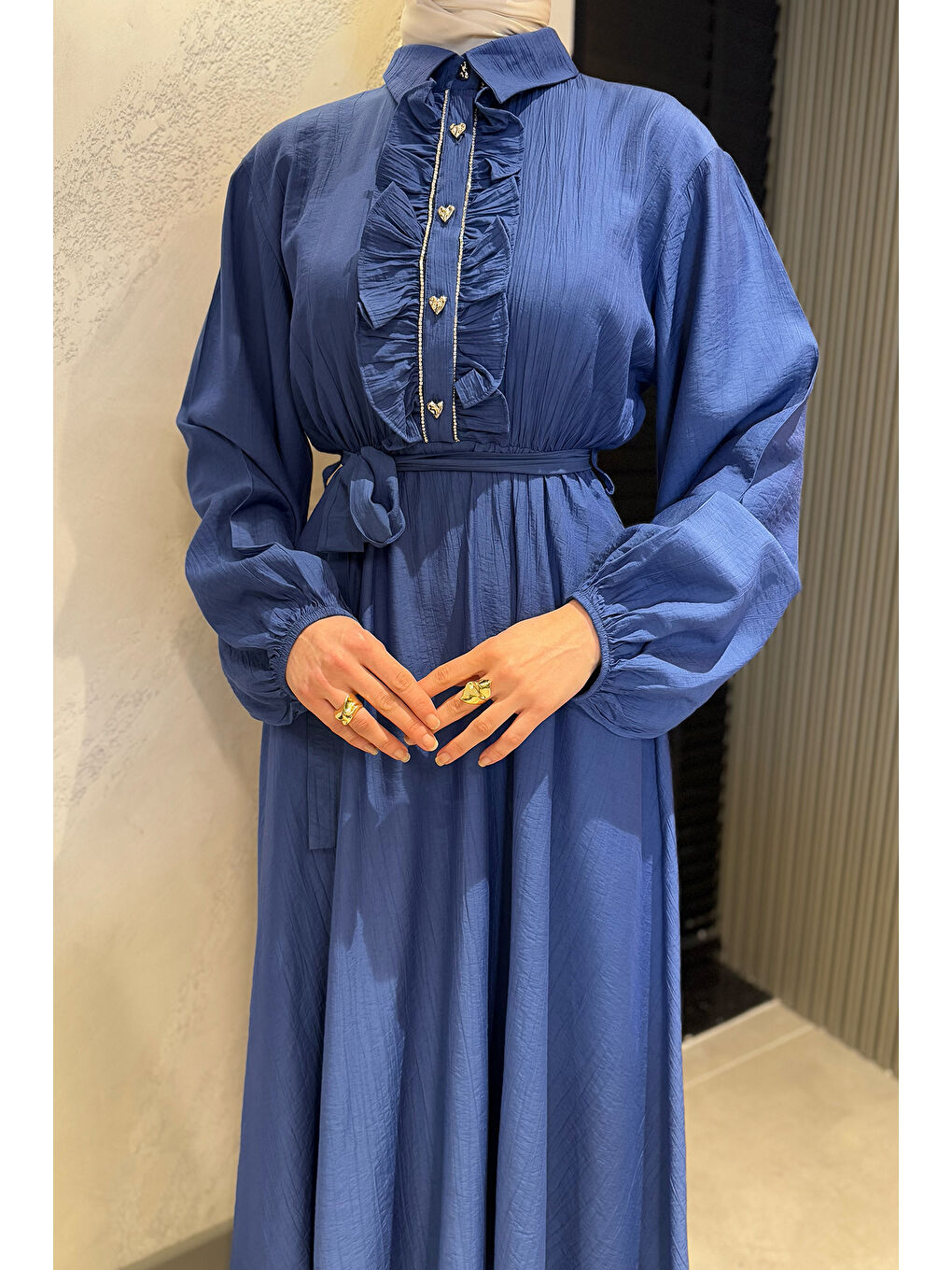 İndigo Yaka Fırfır Ve Taş Detaylı Bel Kuşaklı Kadın Tesettür Elbise-4