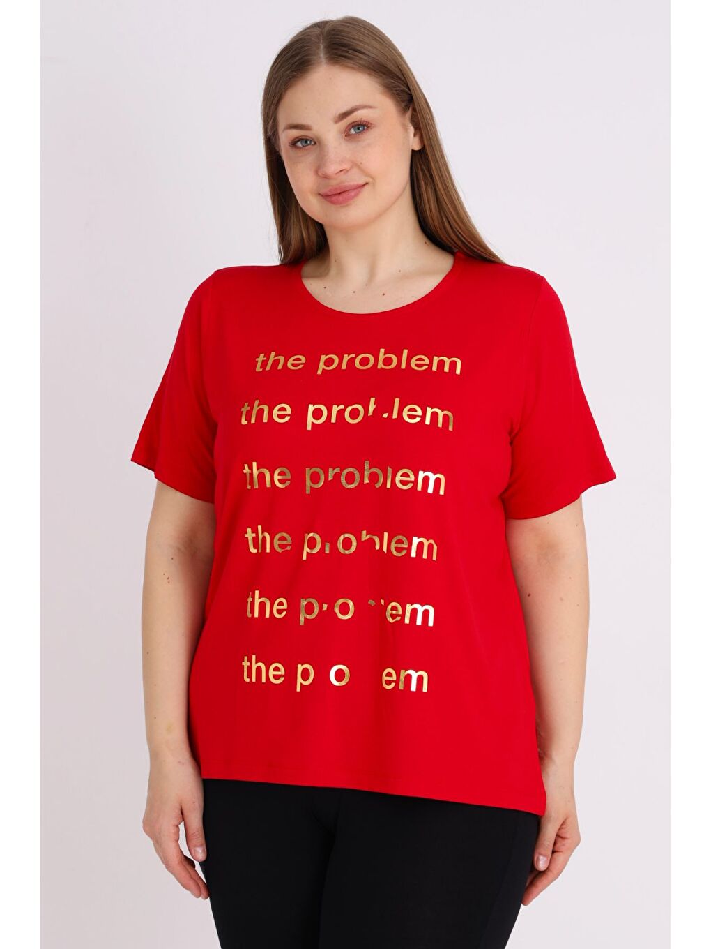 Kırmızı Kadın Büyük Beden Kısa Kollu Baskılı T-shirt-1