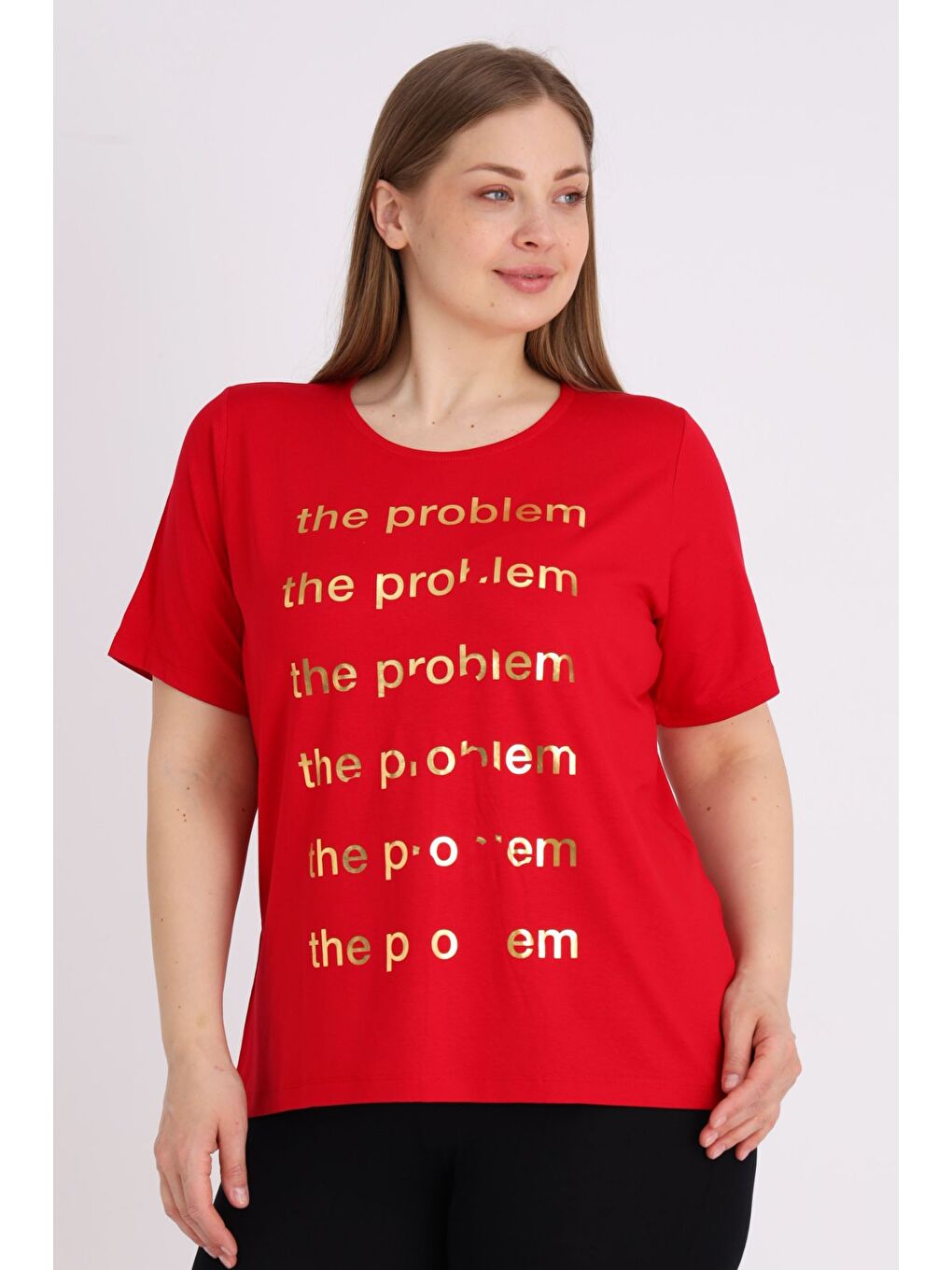 Kırmızı Kadın Büyük Beden Kısa Kollu Baskılı T-shirt-2