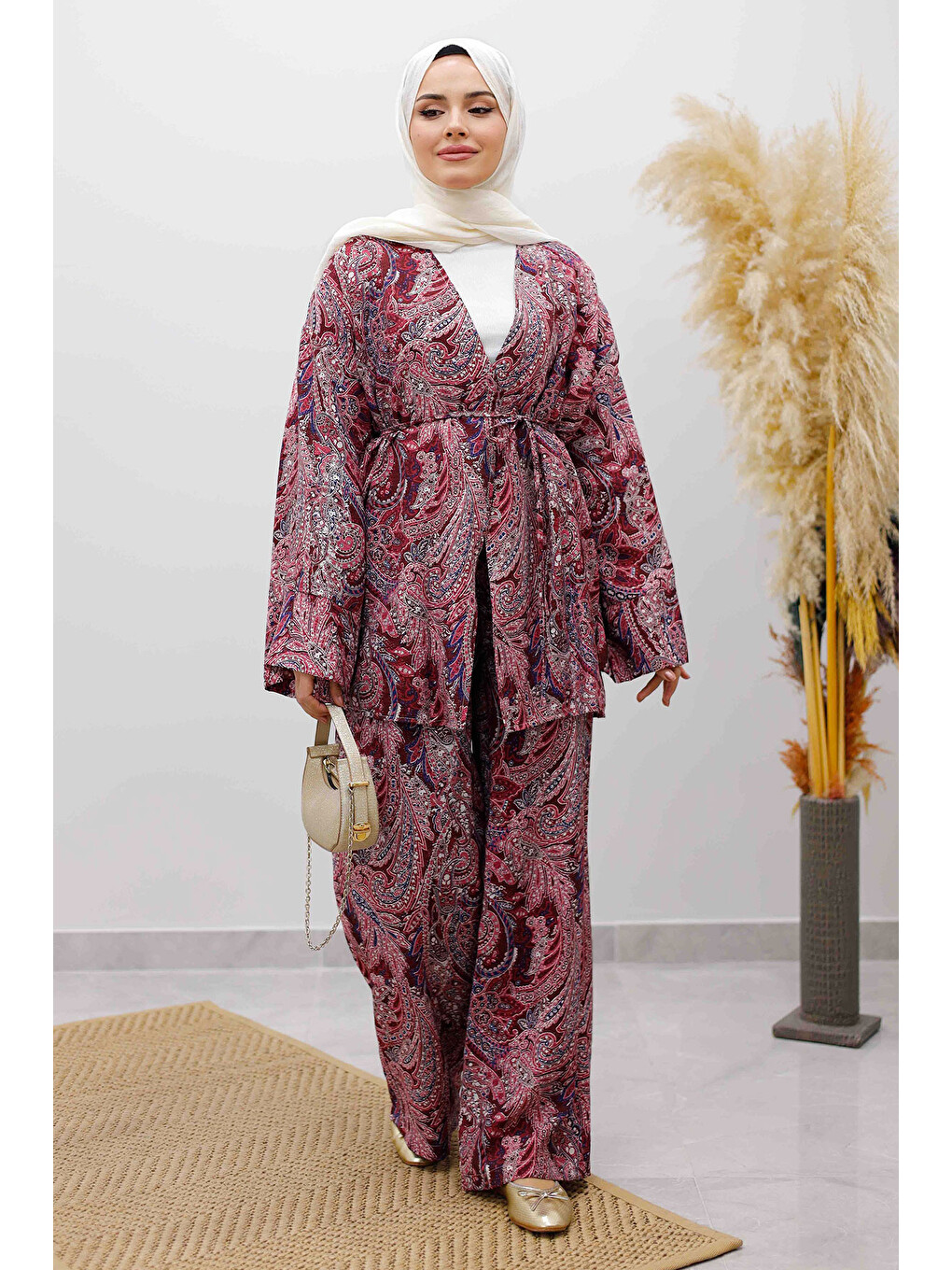 Beli İp Bağlamalı Kimono Takım Tsd250265 Bordo-3