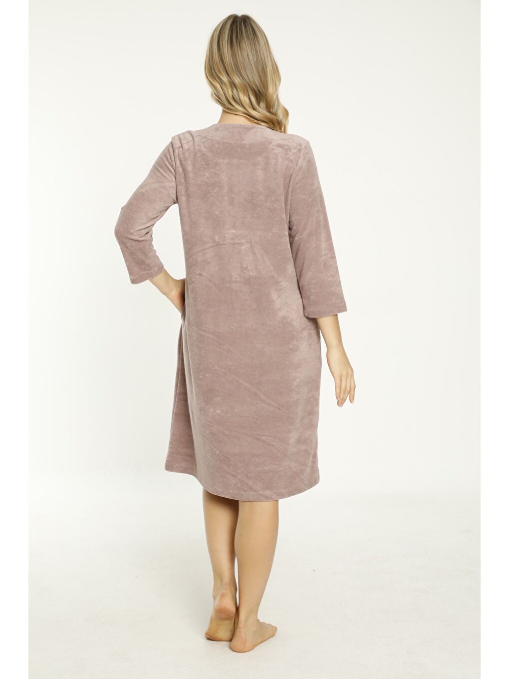 Pembe Lacivert Taş Detaylı Düğmeli Pamuklu Havlu Elbise-5