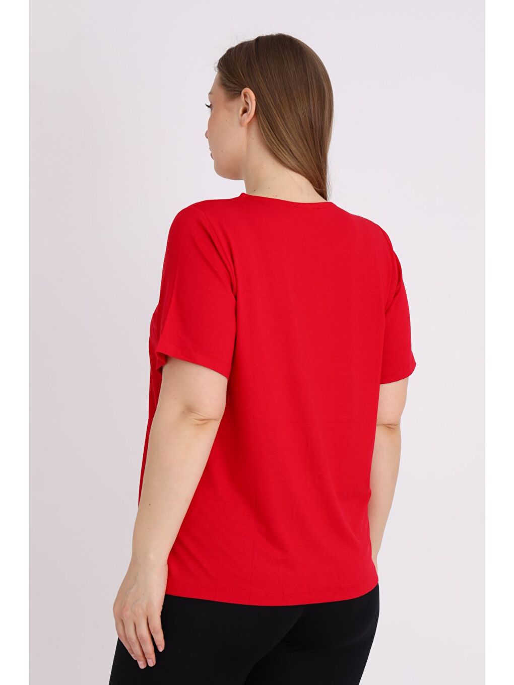 Kırmızı Kadın Büyük Beden Kısa Kollu Baskılı T-shirt-3