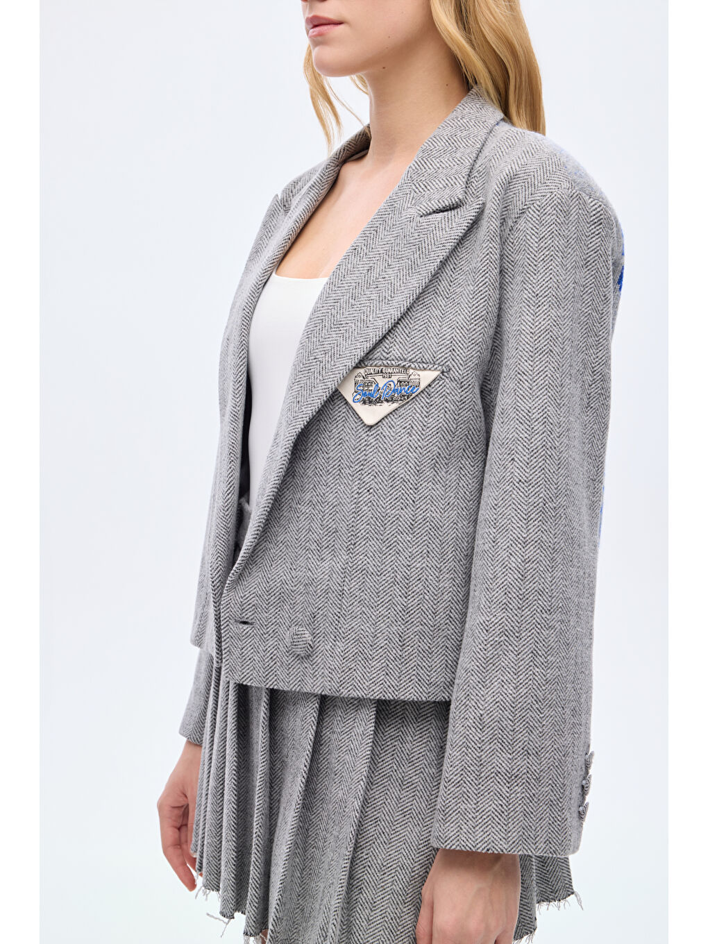 Triko Garnili Balıksırtı Blazer Ceket Gri-2