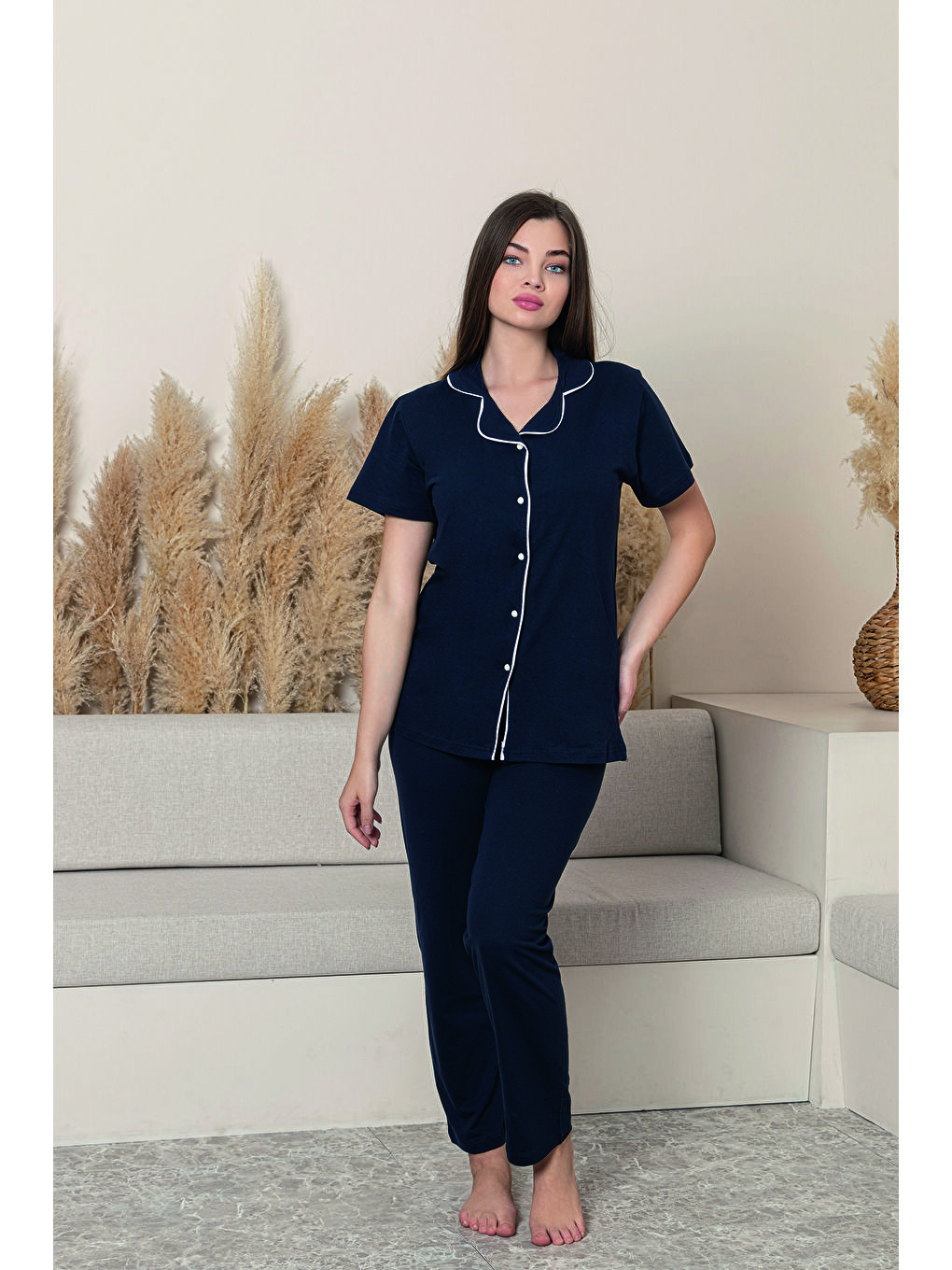 Siyah Kadın %100 Pamuk Biyeli Yüksek Kaliteli Gömlek Yaka Düğmeli Kısa Kollu Battal Pijama Takımı