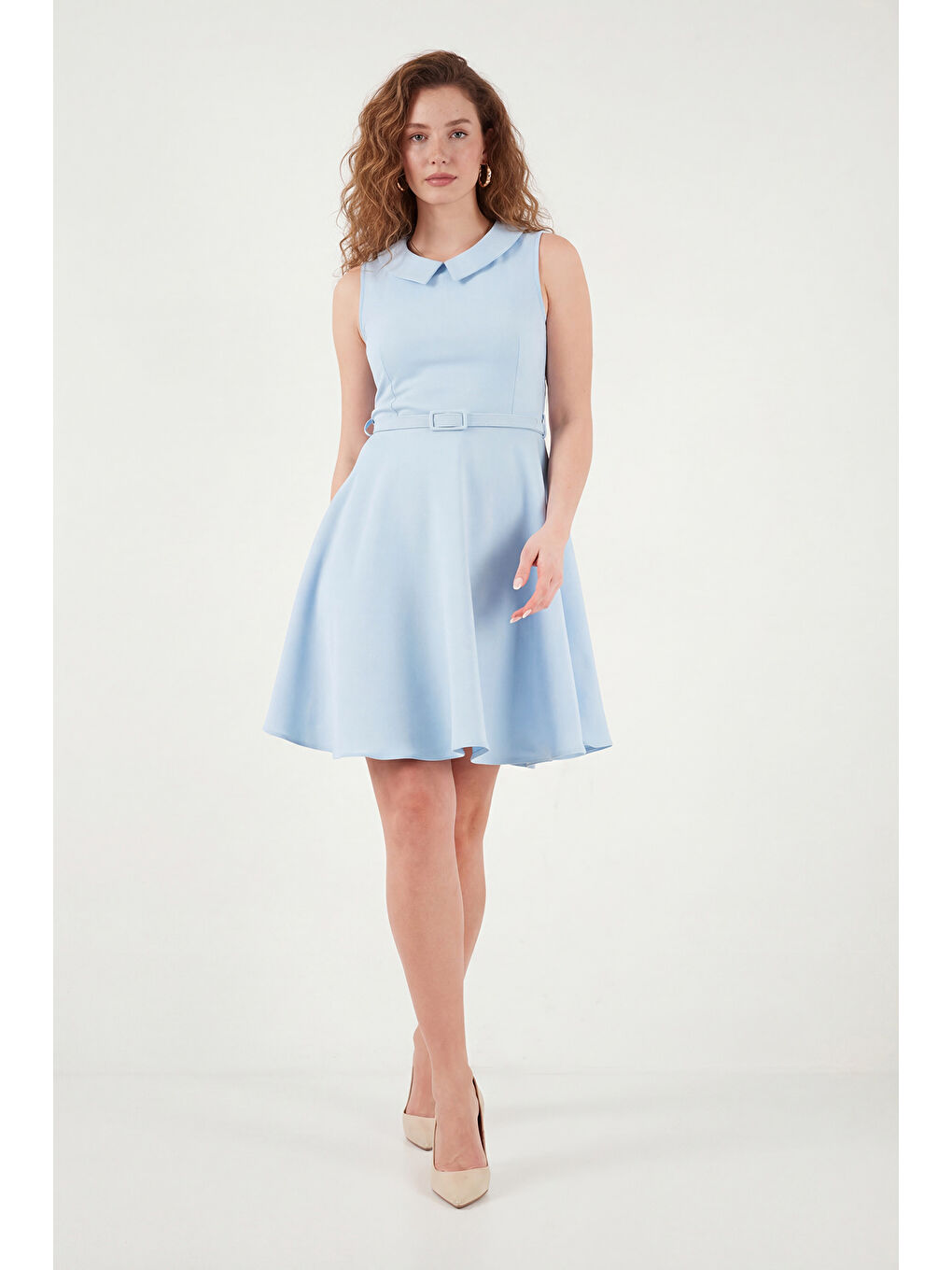 Mavi A Kesim Regular Fit Yaka ve Kemer Detaylı Mini Davet Elbise 6525740-4