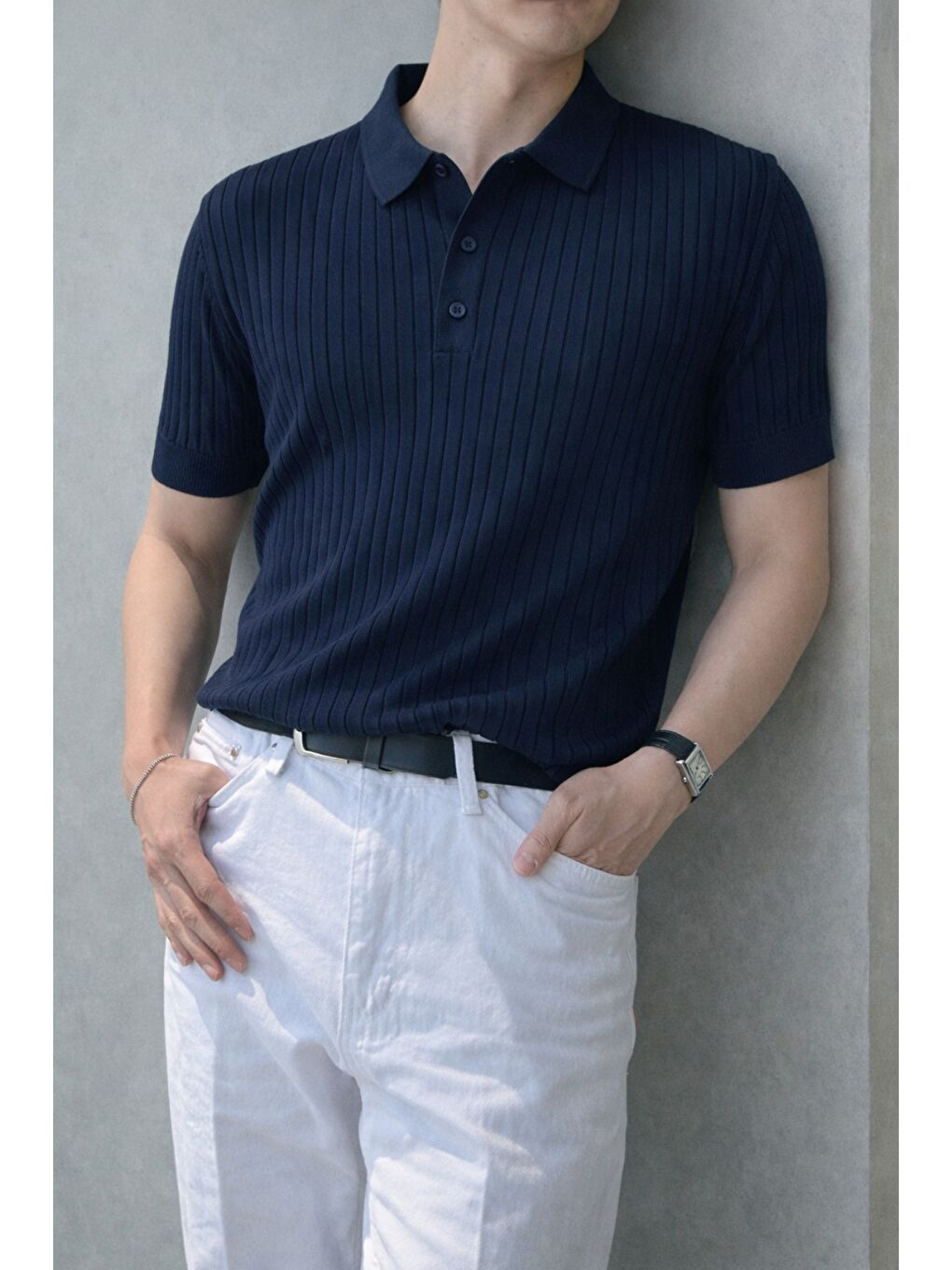 Lacivert Erkek Düğmeli Fitilli Triko Polo Tişört Slim Fit-1