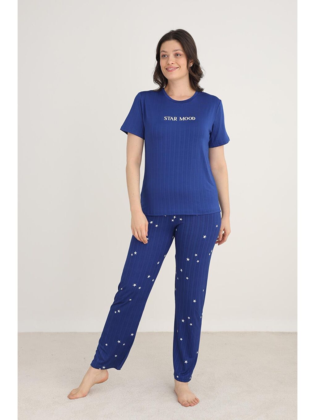 Mavi Kadın Yıldız Desenli Bisiklet Yaka Pijama Takım | Saks 80601-1274