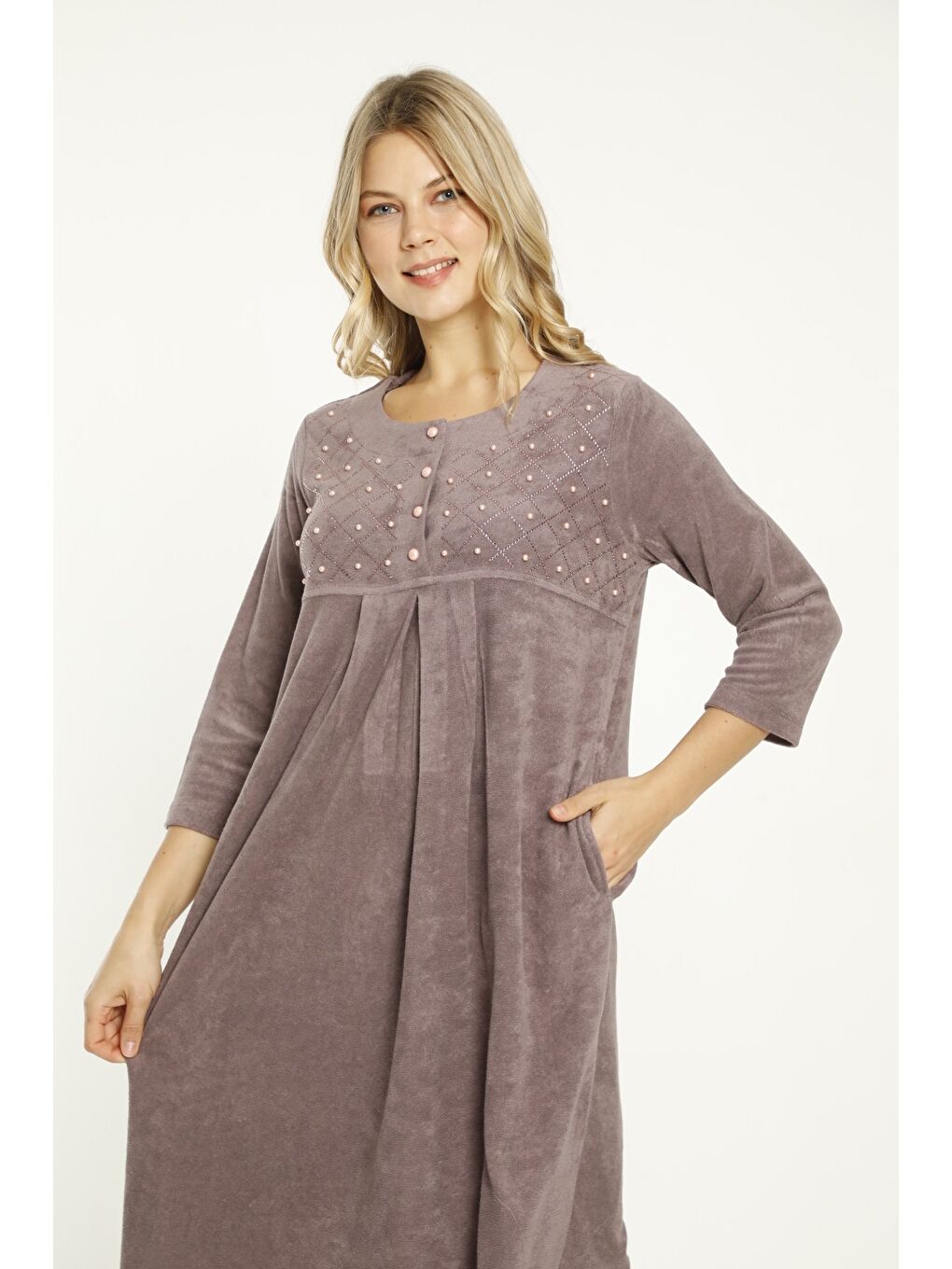 Pembe Lacivert Taş Detaylı Düğmeli Pamuklu Havlu Elbise-3