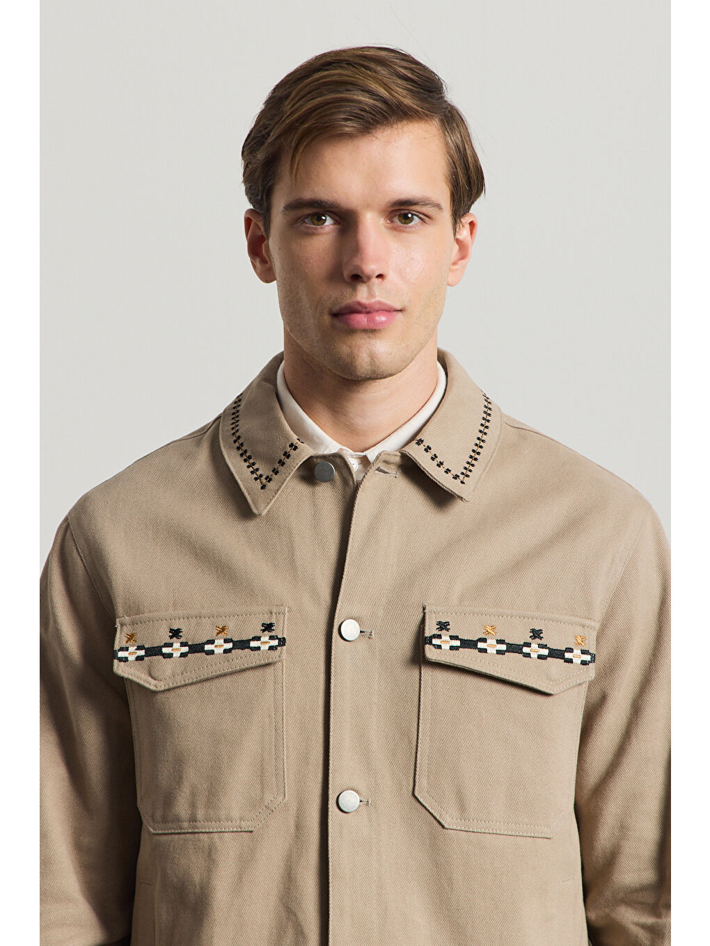 Bej Erkek Nakışlı Denim Ceket Vizon-5