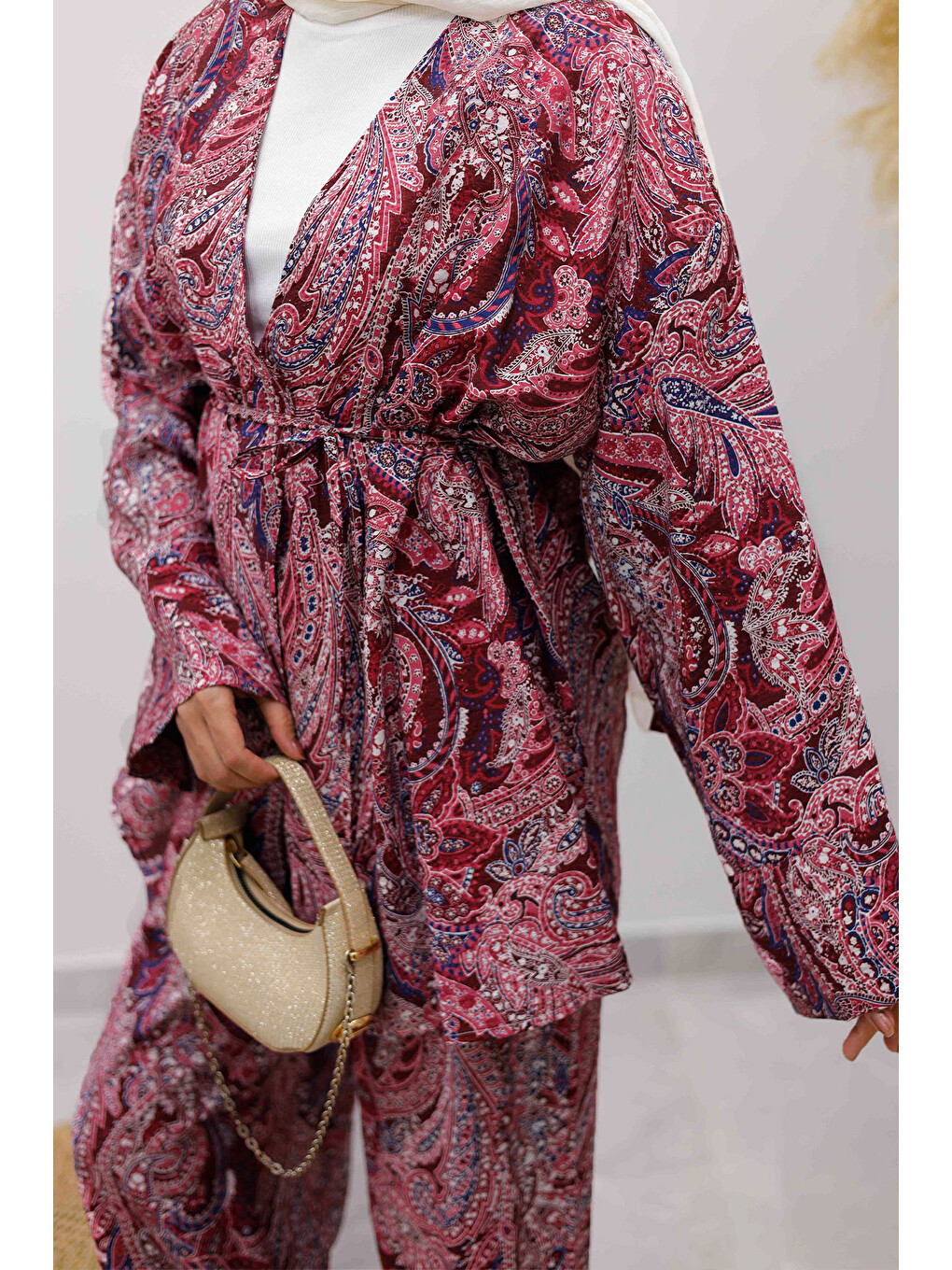 Beli İp Bağlamalı Kimono Takım Tsd250265 Bordo-4