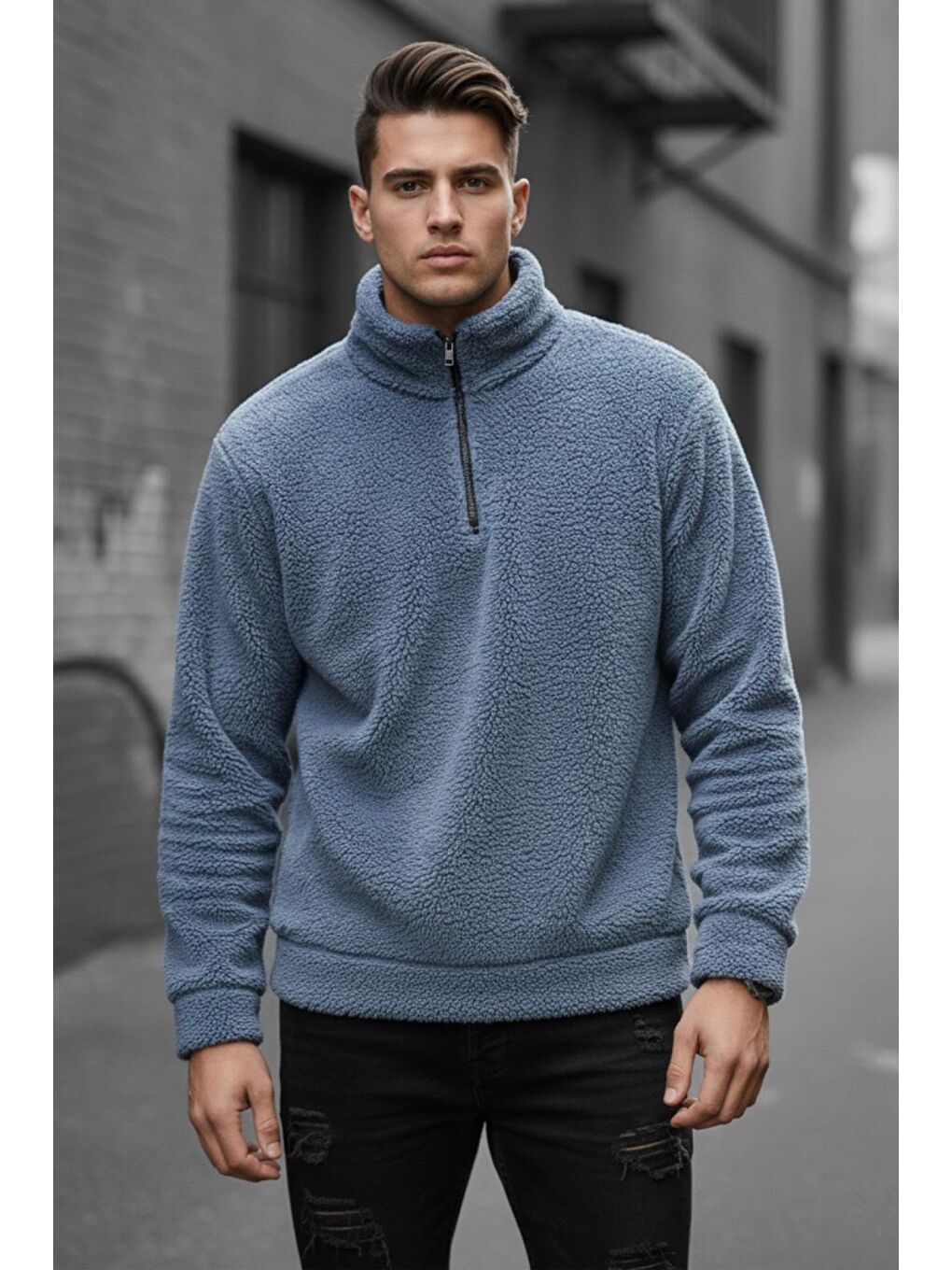 Gri Jaky Slim Fit Pelüş Yarım Tam Fermuarlı Dik Yaka Kalın Erkek Sweatshirt Polar