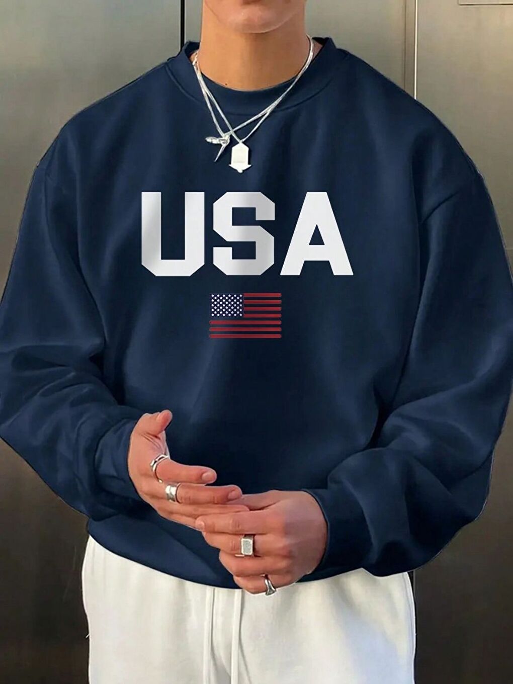 Erkek Lacivert USA Baskılı Oversize Bisiklet Yaka Uzun Kollu Sweatshirt