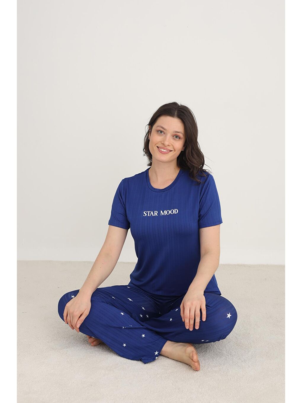 Mavi Kadın Yıldız Desenli Bisiklet Yaka Pijama Takım | Saks 80601-1274-1