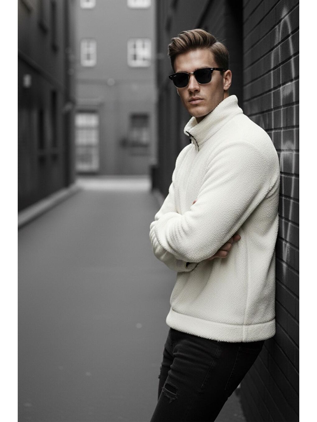 Beyaz Jaky Slim Fit Pelüş Yarım Tam Fermuarlı Dik Yaka Kalın Erkek Sweatshirt Polar-2