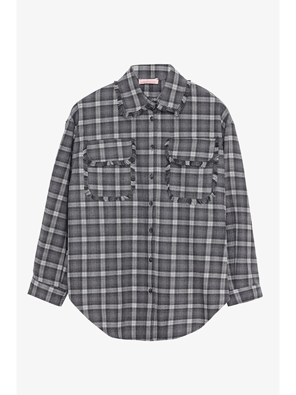 Ekose Püskül Cepli Oversize Gömlek Gri