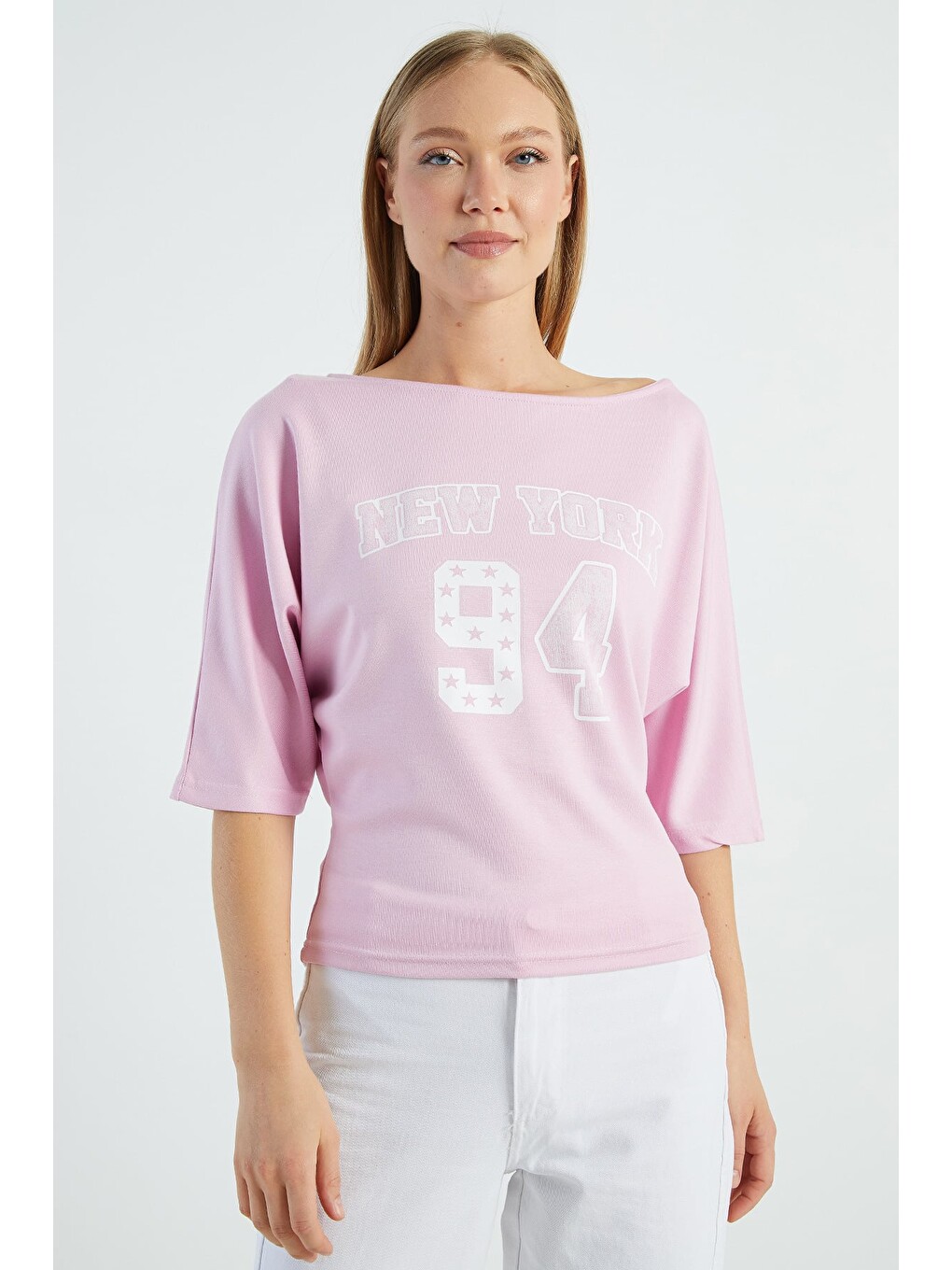 Pembe New York Baskılı Yarasa Kol Bluz-4