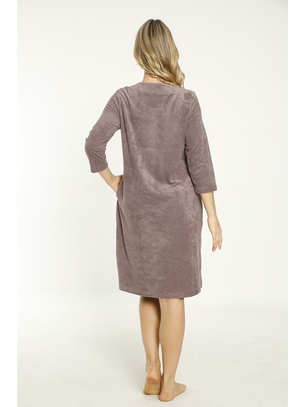 Pembe Lacivert Taş Detaylı Düğmeli Pamuklu Havlu Elbise-4