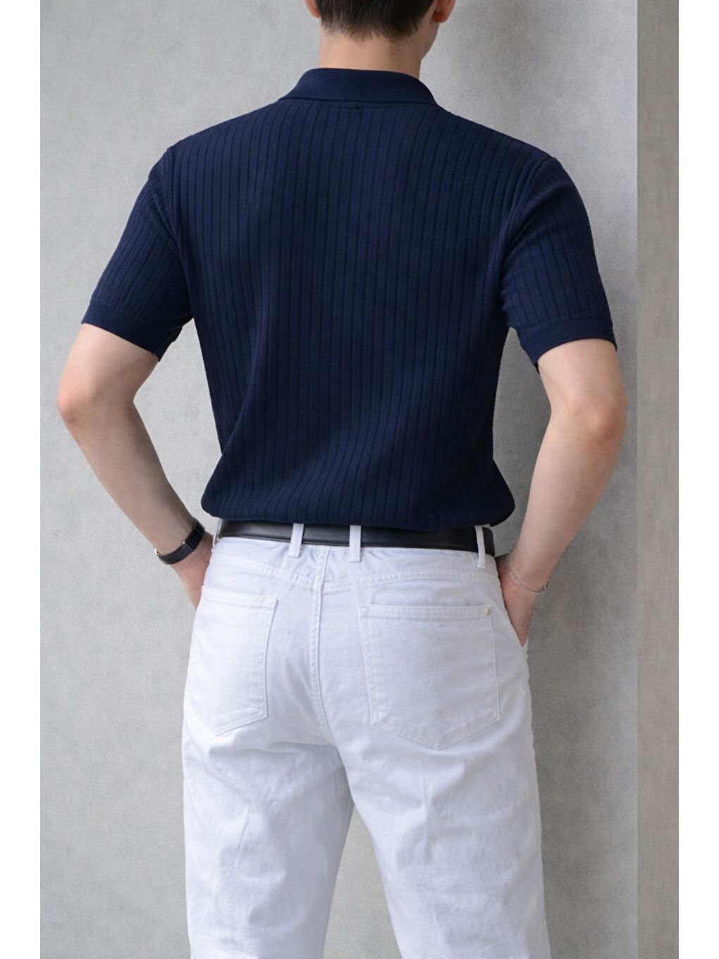 Lacivert Erkek Düğmeli Fitilli Triko Polo Tişört Slim Fit-2