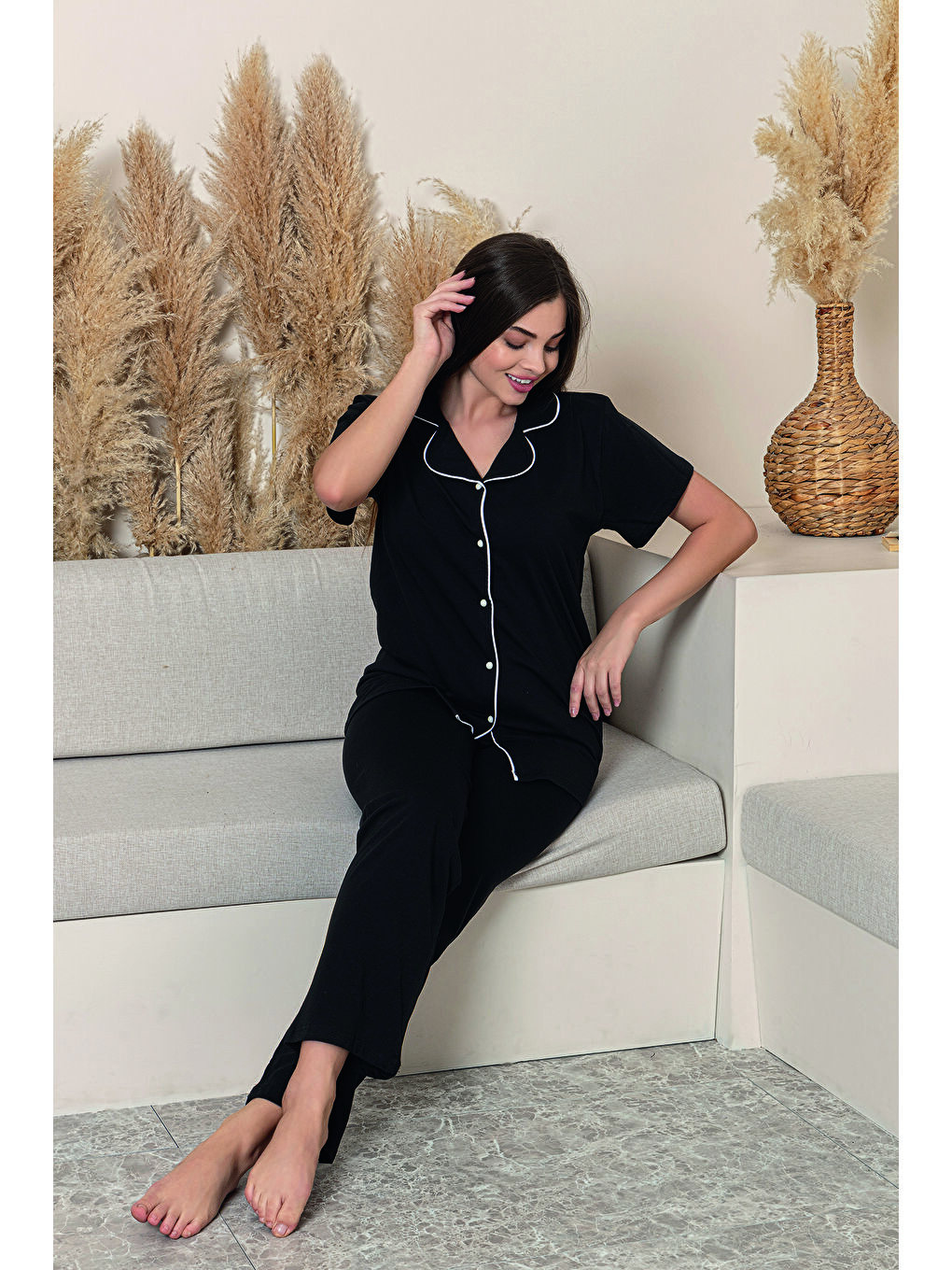 Siyah Kadın %100 Pamuk Biyeli Yüksek Kaliteli Gömlek Yaka Düğmeli Kısa Kollu Battal Pijama Takımı-1