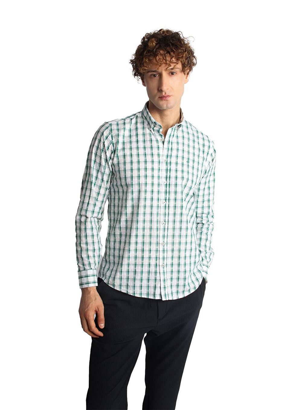 Yeşil Dynamic Fit Düğmeli Yaka Ekose Uzun Kollu Cepsiz %100 Pamuk Gömlek-1