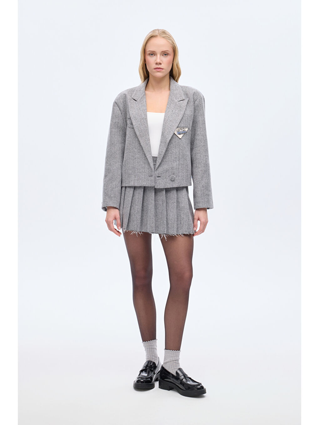 Triko Garnili Balıksırtı Blazer Ceket Gri-3