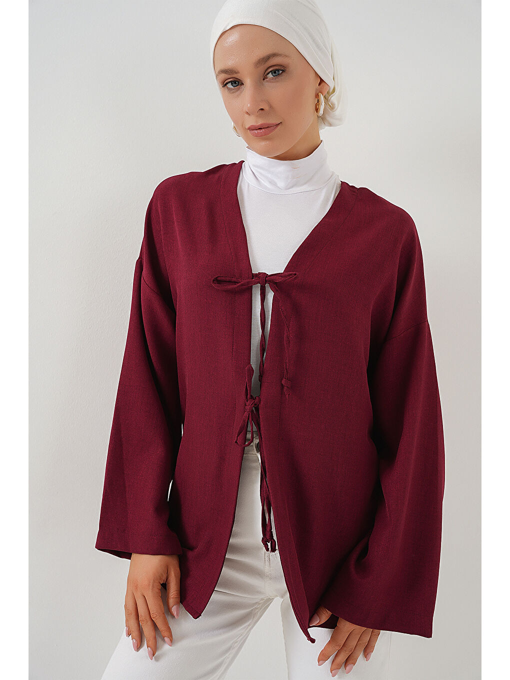 Keten Tesettür Kimono 5968 - Bordo
