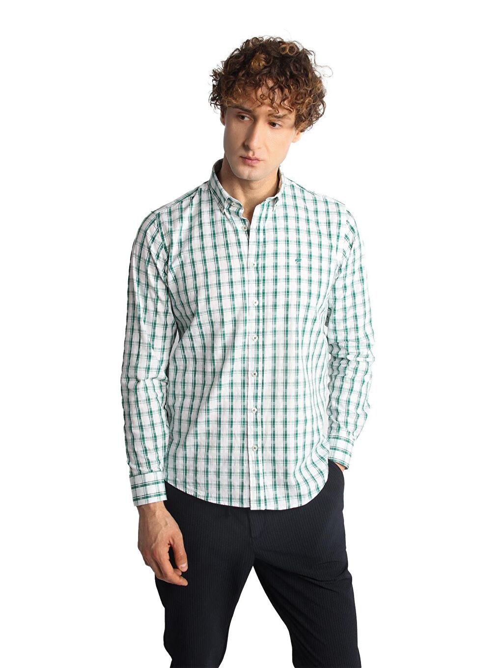 Yeşil Dynamic Fit Düğmeli Yaka Ekose Uzun Kollu Cepsiz %100 Pamuk Gömlek-2