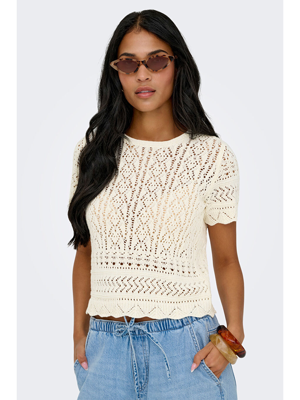 Ekru Onlelke Pamuklu Regular Fit Örme Bisiklet Yaka Kadın Kazak 15370940-2