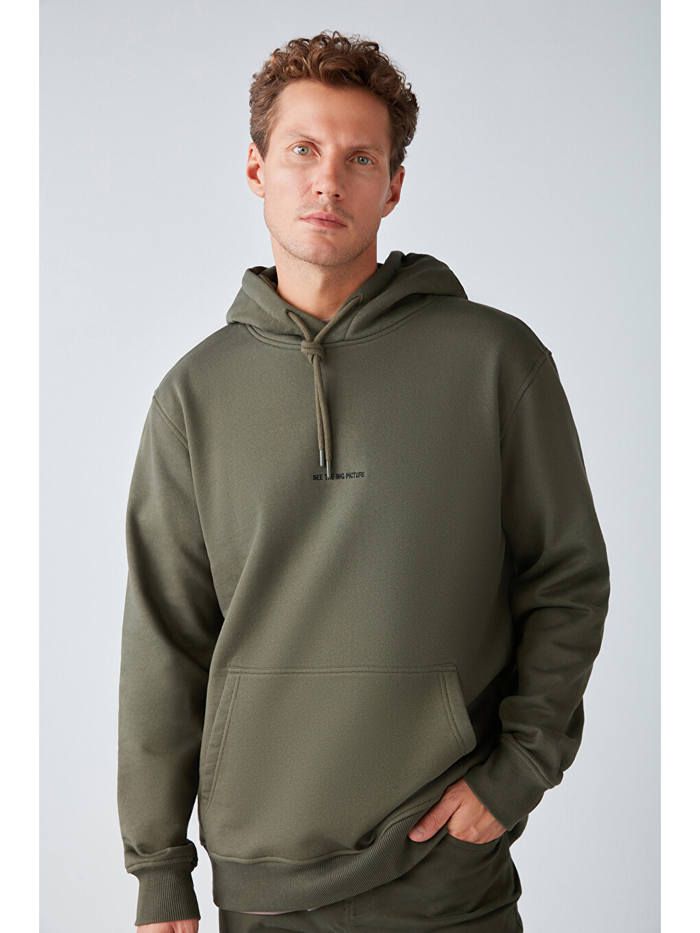 Epıc Erkek Organik Pamuklu Yumuşacık Nakış Detaylı Kapüşonlu Kordonlu Regular Haki Sweatshirt-1