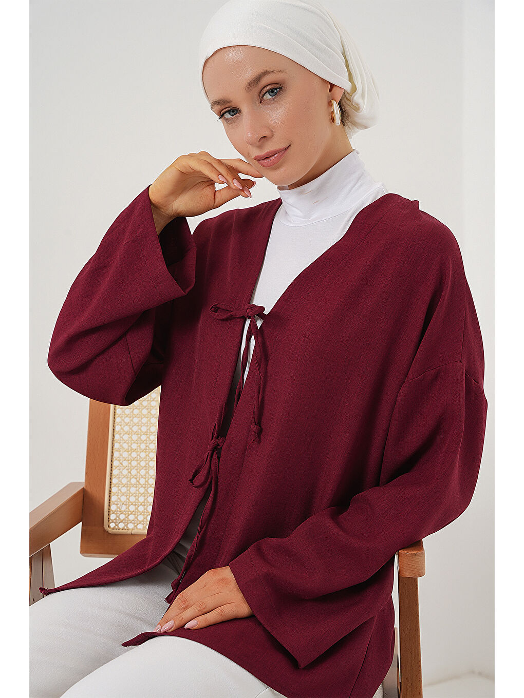 Keten Tesettür Kimono 5968 - Bordo-1