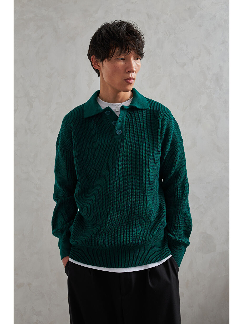 Yeşil Erkek Yakası Düğmeli Oversize Kazak-1