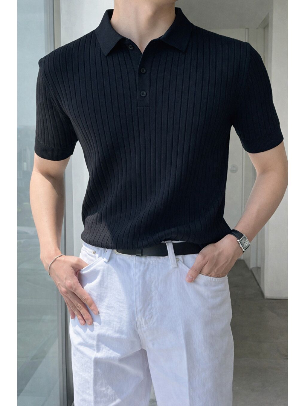 Siyah Erkek Düğmeli Fitilli Triko Polo Tişört Slim Fit