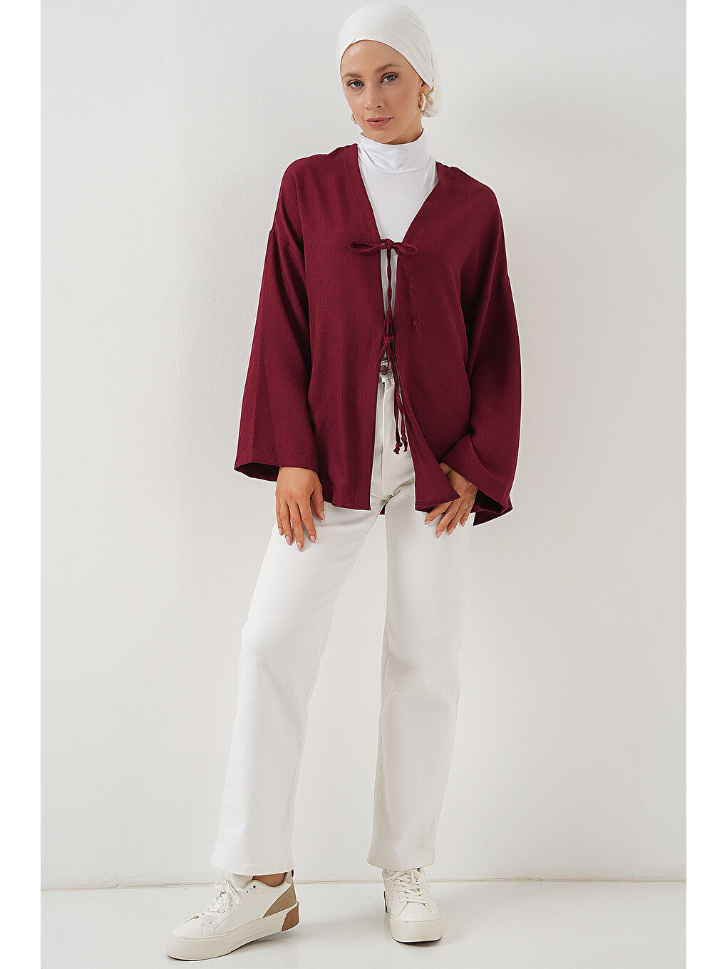 Keten Tesettür Kimono 5968 - Bordo-2