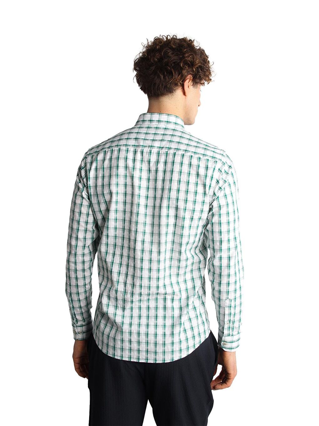 Yeşil Dynamic Fit Düğmeli Yaka Ekose Uzun Kollu Cepsiz %100 Pamuk Gömlek-4