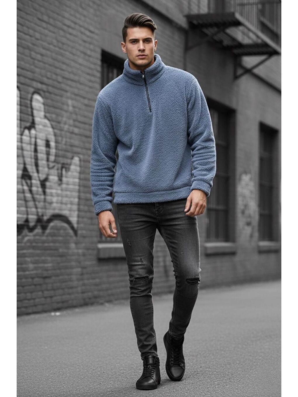 Gri Jaky Slim Fit Pelüş Yarım Tam Fermuarlı Dik Yaka Kalın Erkek Sweatshirt Polar-1