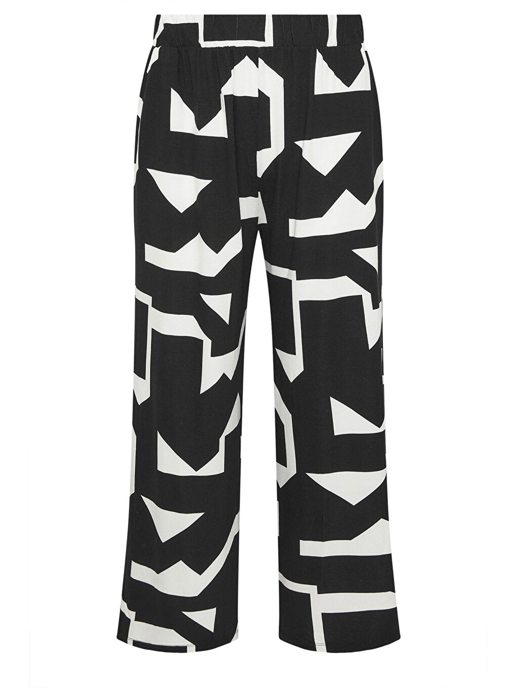 Siyah Büyük Beden Beli Lastikli Soyut Desenli Bol Paça Cepli Pantolon 304089-6