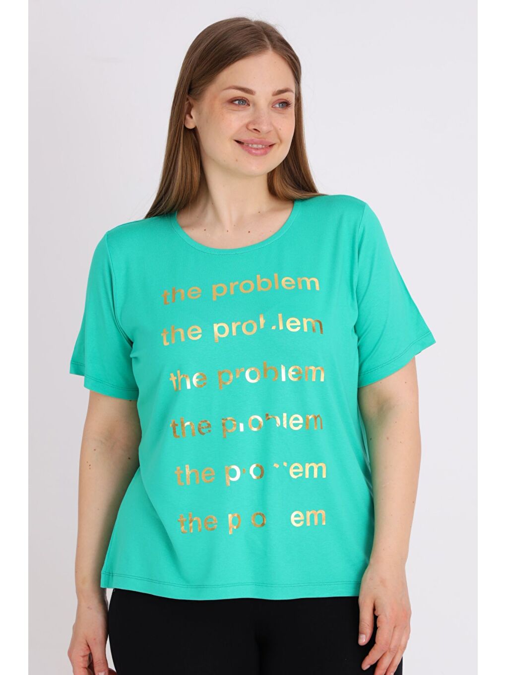 Yeşil Kadın Büyük Beden Kısa Kollu Baskılı T-shirt-1