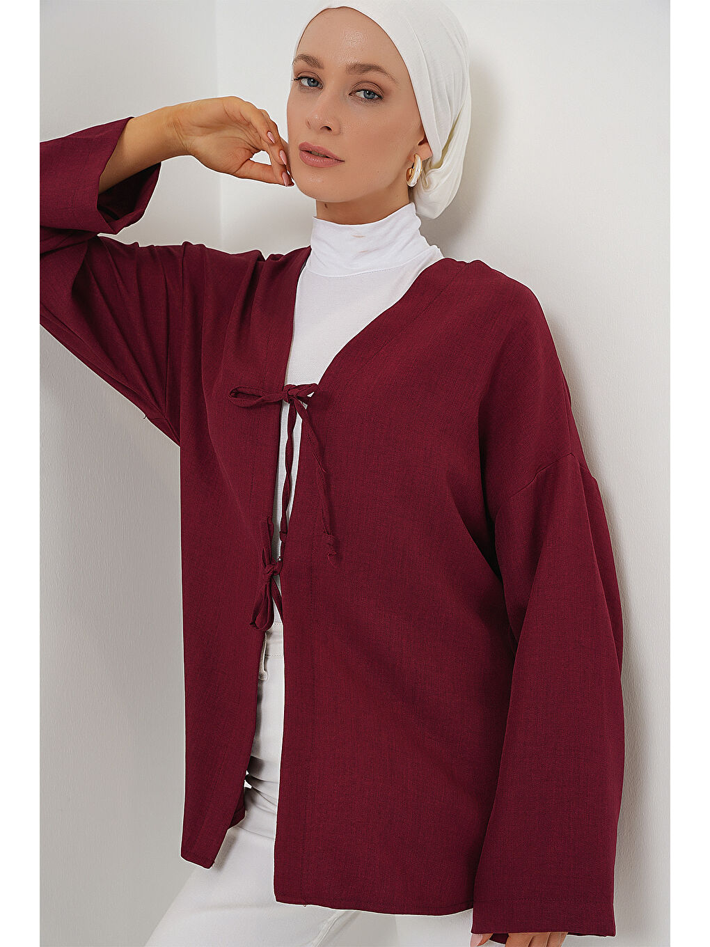 Keten Tesettür Kimono 5968 - Bordo-3