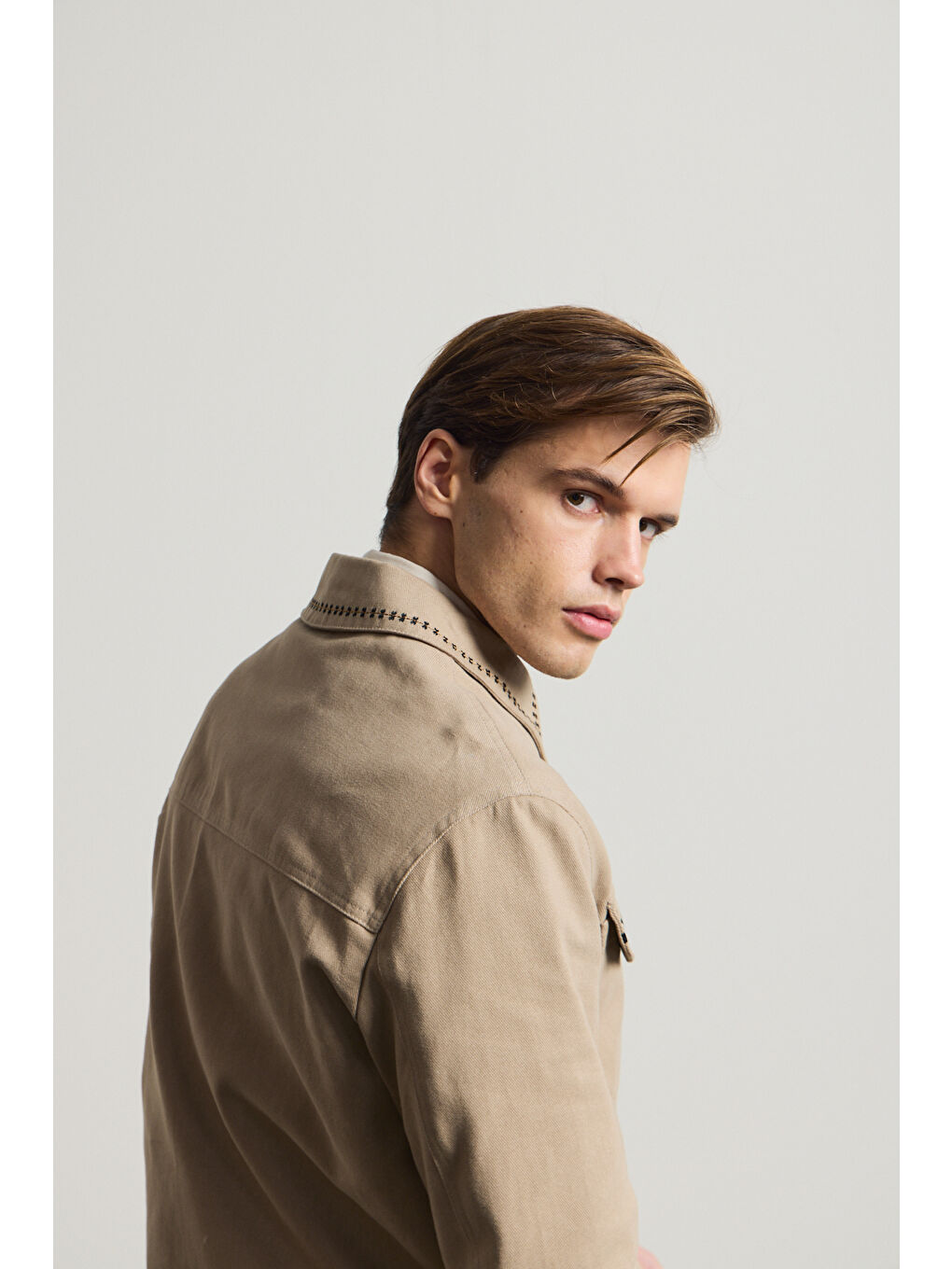 Bej Erkek Nakışlı Denim Ceket Vizon-7