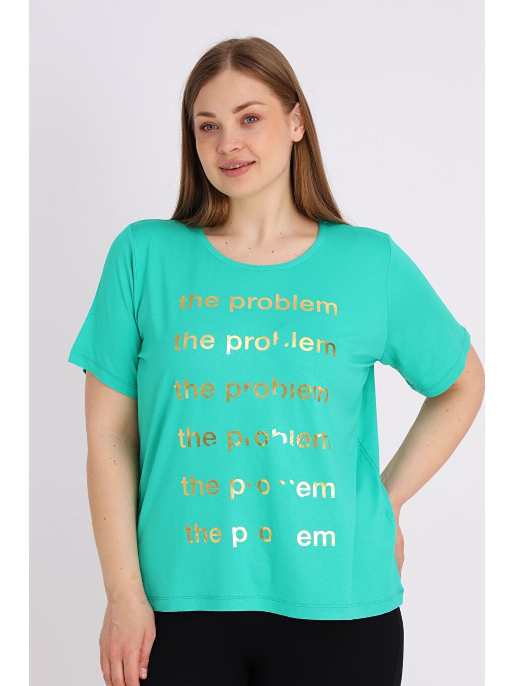 Yeşil Kadın Büyük Beden Kısa Kollu Baskılı T-shirt-2