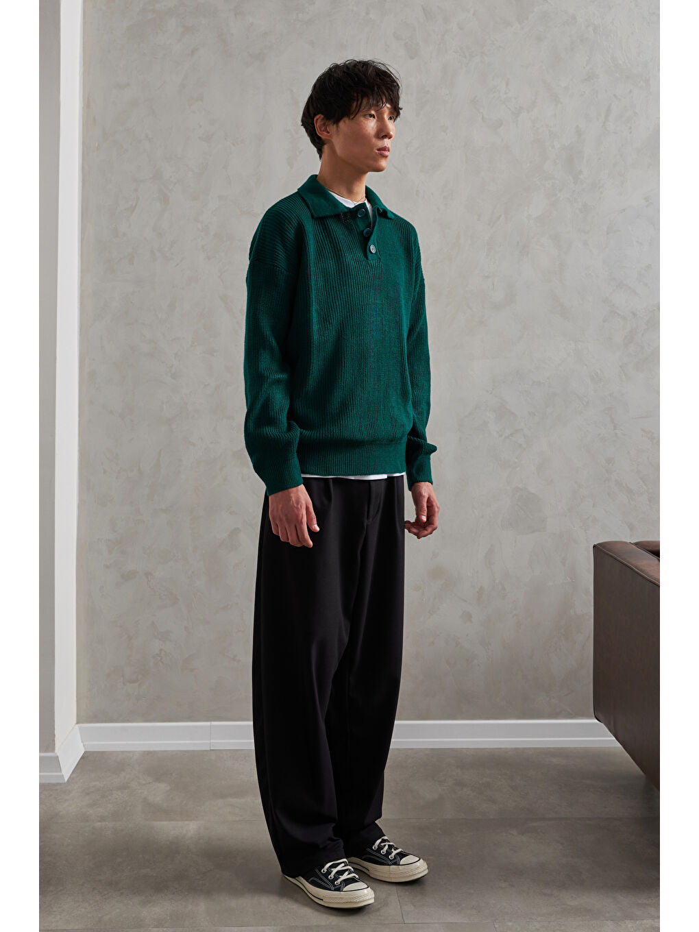 Yeşil Erkek Yakası Düğmeli Oversize Kazak-2