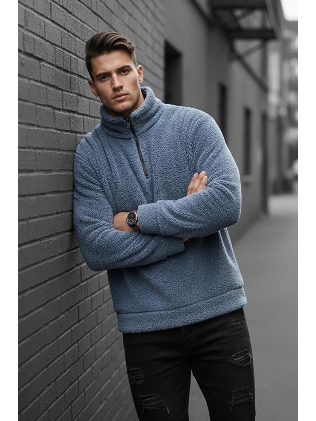 Gri Jaky Slim Fit Pelüş Yarım Tam Fermuarlı Dik Yaka Kalın Erkek Sweatshirt Polar-2