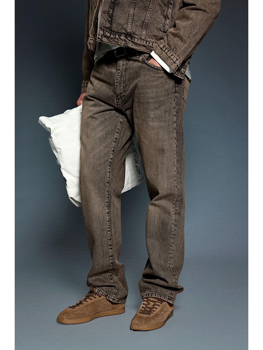 Erkek Yıkamalı Baggy Fit Jean Pantolon Kahverengi