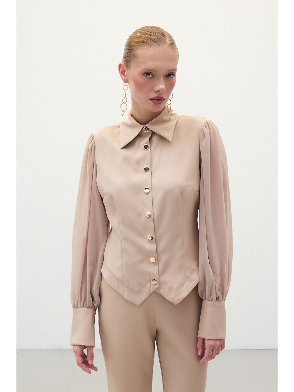 Şifon Kol Gömlek - Bej