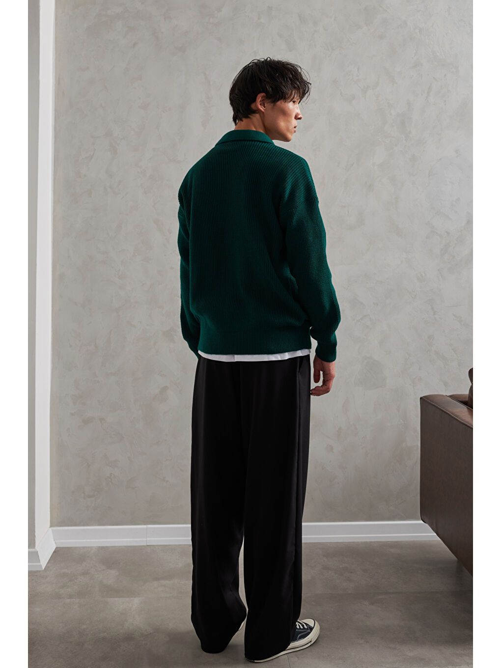 Yeşil Erkek Yakası Düğmeli Oversize Kazak-3