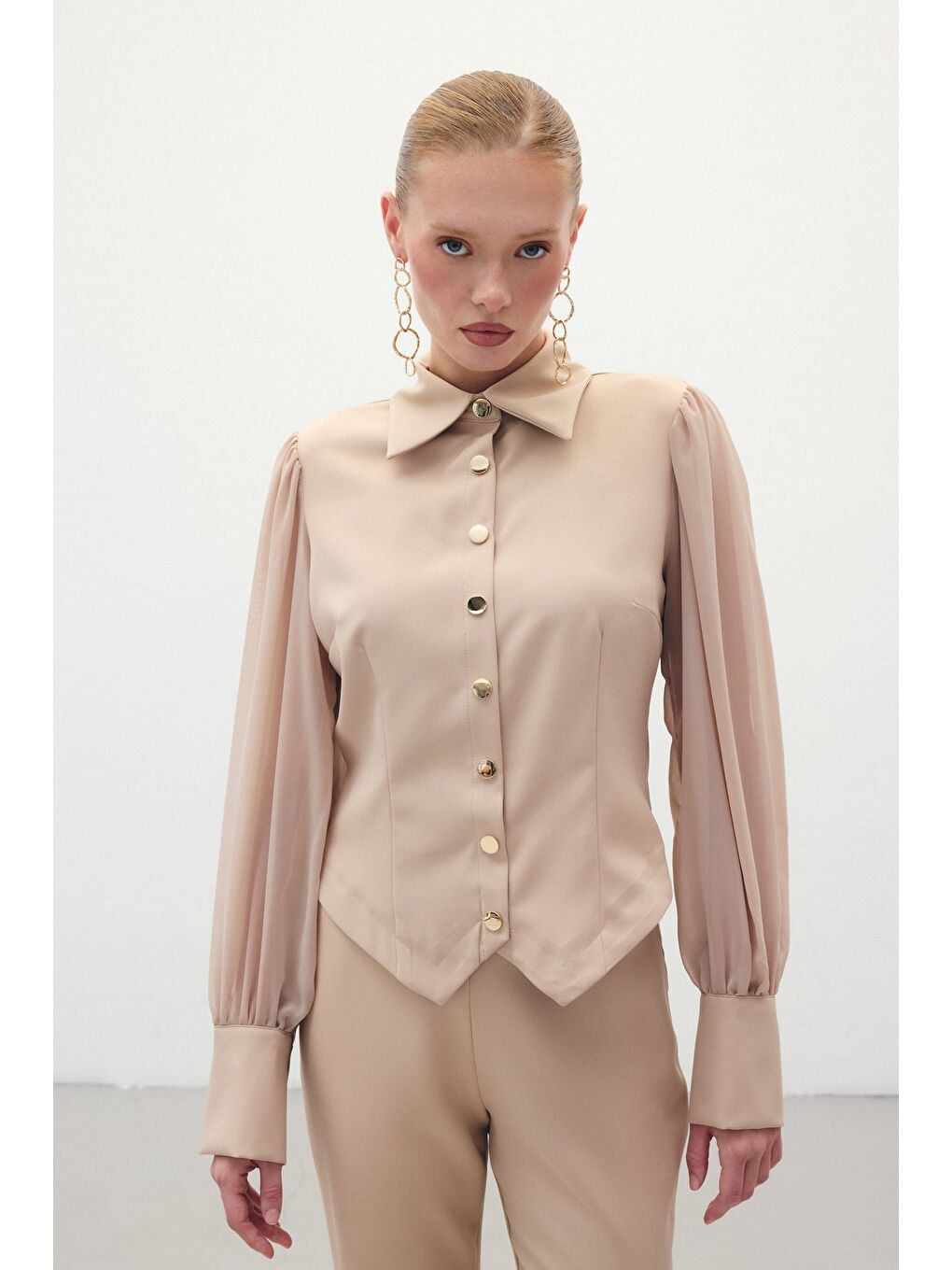 Şifon Kol Gömlek - Bej-1