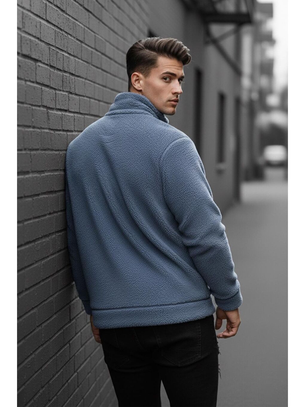 Gri Jaky Slim Fit Pelüş Yarım Tam Fermuarlı Dik Yaka Kalın Erkek Sweatshirt Polar-3